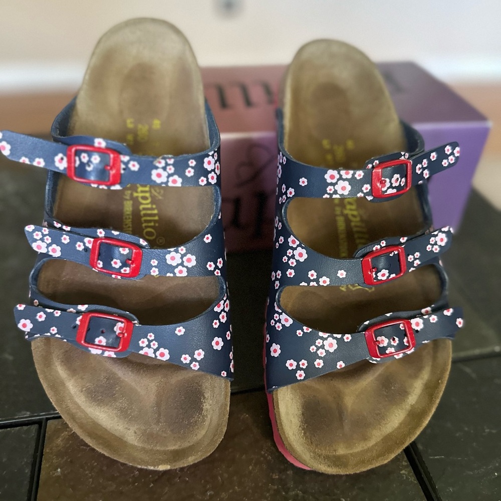 Papillio Blue and Red Floral Sandals with Cork Footbed